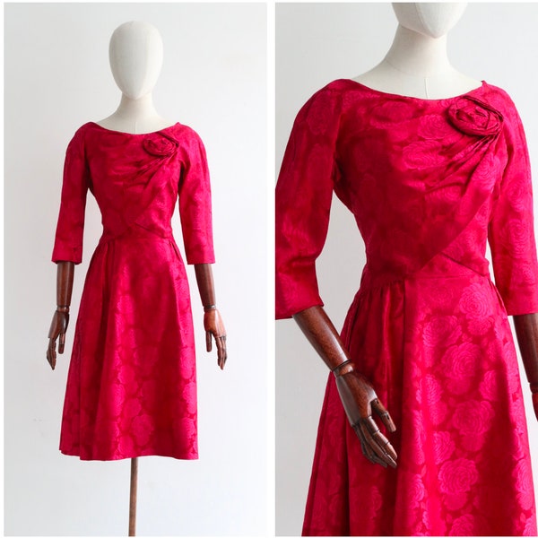 Vintage 1950's raspberry satin brocade dress UK 10 US 6 original 1950s dress 1950s pink dress vintage pink dress 1950s satin dress fifties