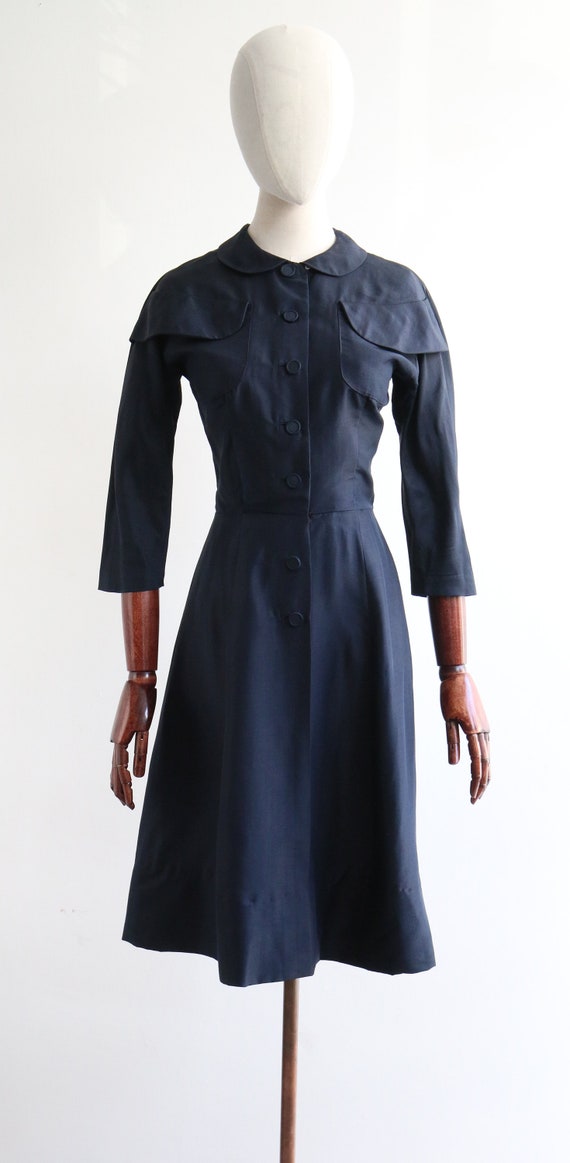 Vintage 1950's navy blue silk pocket detail dress… - image 2