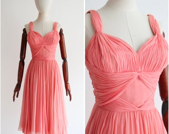 Vintage 1940's silk chiffon pleated dress original 1940s silk pleated coral pink silk chiffon floating dress grecian pleated dress UK 6 US 2