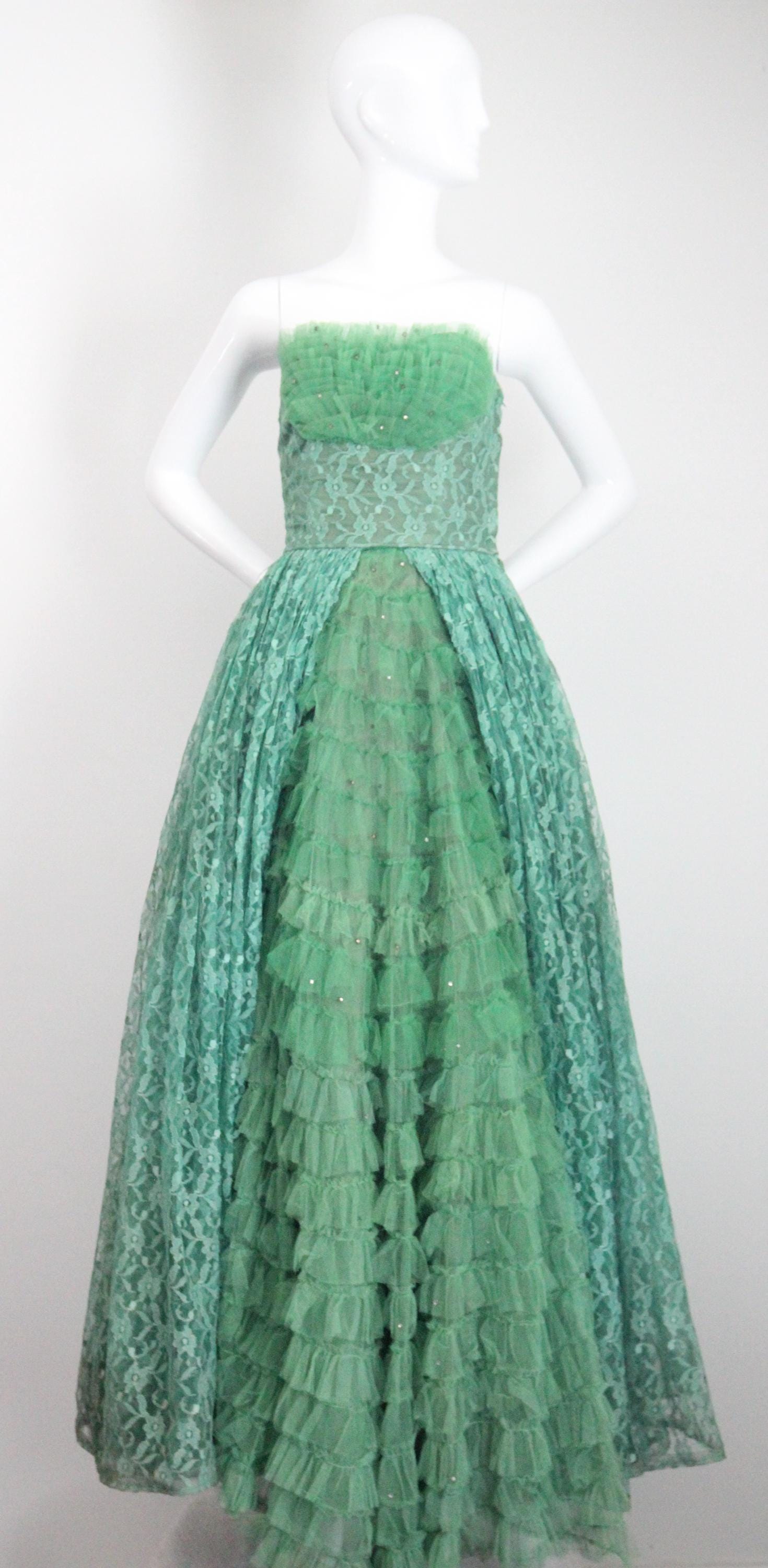 ヴィンテージ 1950 年代 グリーン チュール ラインストーン ストラップ