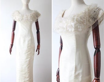 Vintage 1960's ivory organza cream rayon evening dress 1960's cream evening dress floral collar sixties column dress 1960s gown UK 8 US 4