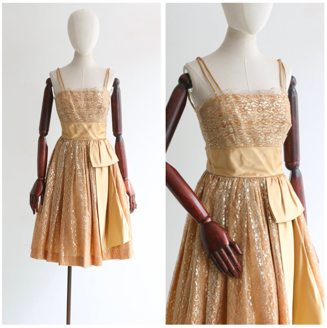 Vintage 1950's Gold Floral Lace & Satin Dress UK 46 US 02 Original