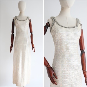 Vintage 1960&#39;s sequin dress vintage 1960&#39;s sequin beaded dress original 1960&#39;s cocktail dress original 1960s column dress beaded UK 8 US 4