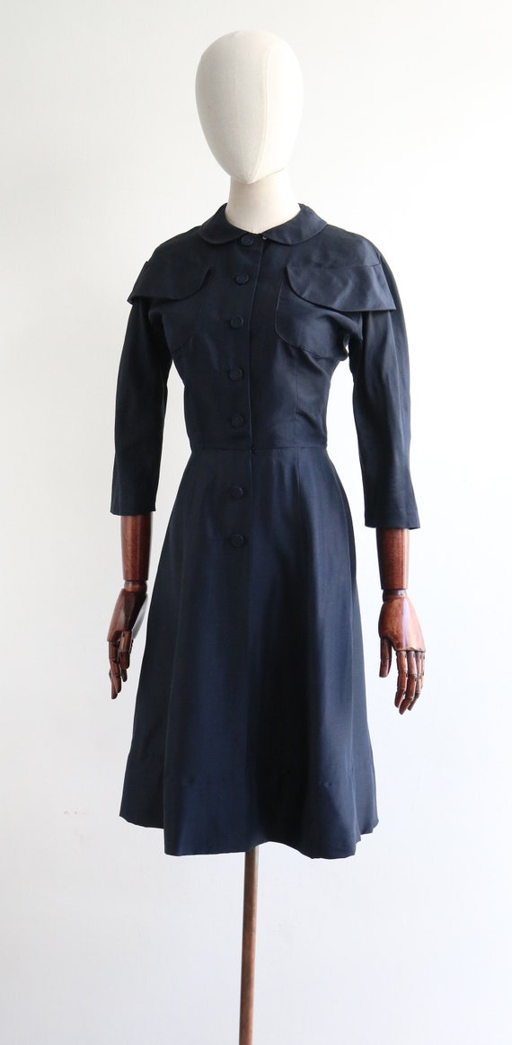 Vintage 1950's navy blue silk pocket detail dress… - image 8