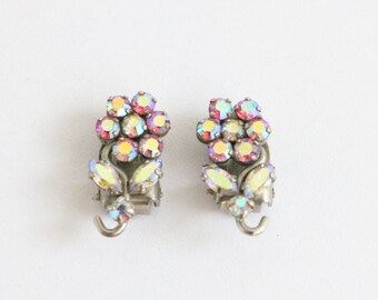 Vintage 1950's floral pink iridescent rhinestone clip on earrings 1950s earrings vintage earrings flower earrings 1950s jewellery fifties