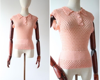 Vintage 1930's pink crochet blouse original 1930s blush pink fitted crochet top Art deco crochet blouse handmade UK 10 US 6