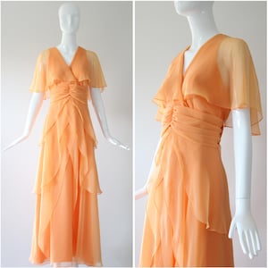 Vintage 1960&#39;s Apricot chiffon maxi dress vintage 60 tiered maxi dress original 1960s V shaped neckline pleated tiered maxi dress Uk 10 US 6