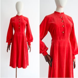 Vintage 1940&#39;s coral red corduroy dress UK 12-14 US 8-10 original 1940s dress vintage corduroy dress 1940s cord dress forties dress