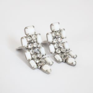 Vintage 1950&#39;s Weiss Clip on Earrings 1950&#39;s silver rhinestone chandelier clip on earrings 1950s Weiss jewellery milk glass earrings