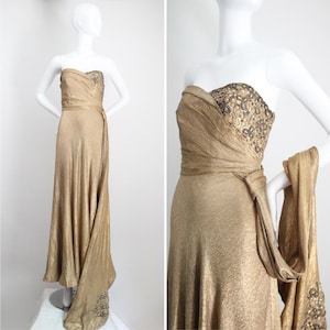 Vintage 1930&#39;s gold silk lamé & beadwork gown UK 10 US 6 original 1930s gown vintage lamé gown 1930s gold dress vintage gold dress Art Deco