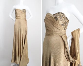 Vintage 1930&#39;s gold silk lamé & beadwork gown UK 10 US 6 original 1930s gown vintage lamé gown 1930s gold dress vintage gold dress Art Deco