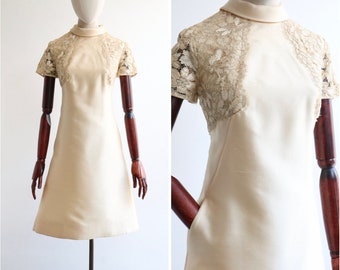 Vintage 1960's champagne silk and lace dress UK 10 US 6 original 1960s dress sixties silk dress vintage silk dress vintage lace dress