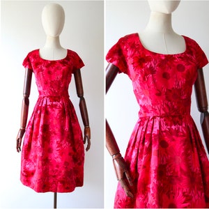 Vintage 1950&#39;s Pink satin dress silk velvet flocking floral dress original 1950s satin velvet dress daisy print fit and flare UK 8 US 4