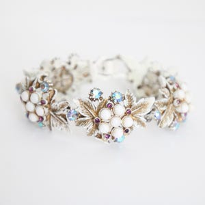 Vintage 1950&#39;s Milk Glass Bracelet white and gold floral iridescent rhinestone bracelet 1950&#39;s rhinestone bangle midcentury jewellery bangle