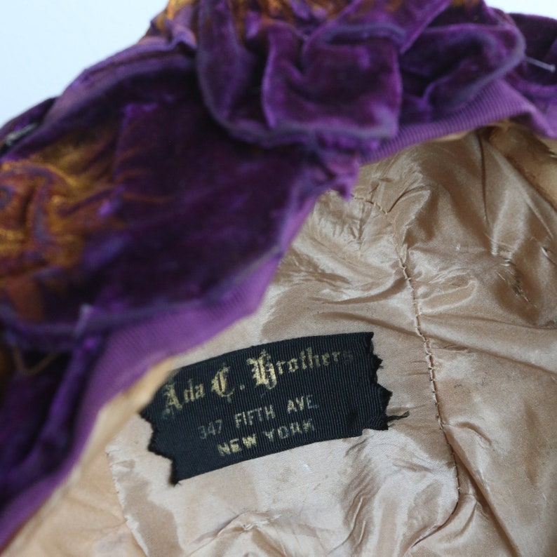 Vintage 1920's purple silk velvet & satin floral hat original 1920s hat 1920s velvet hat 1920s purple hat handprinted hat vintage velvet hat image 10