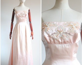 Vintage 1950's satin dress vintage 1950's blush pink satin strapless dress sequin floral sequin boned bodice evening gown 1950s UK 8 US 4