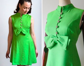 Vintage 1960's Lime green mini dress original 1960s rhinestone button dress original sixties mini dress lime green bow dress UK 8-10 US 4-6