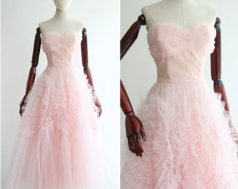 Vintage 1950's pink swirling satin & tulle dress UK 6 US 2 original 1950s dress vintage prom dress 1950s tulle dress fifties dress