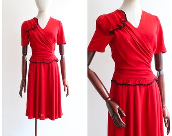 Vintage 1940's red crepe & black velvet trim dress UK 8-10 US 4-6 original 1940s dress 1940s red dress forties dress vintage red dress