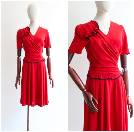 Vintage 1940's red crepe & black velvet trim dres… - image 1