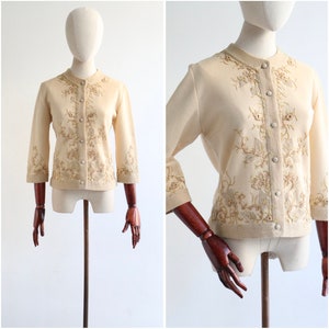 Vintage 1960&#39;s cream & gold embroidered wool cardigan UK 12 US 8 original 1960s cardigan vintage cream cardigan vintage knitwear sixties
