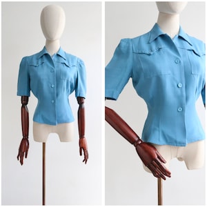 Vintage 1940s blaue Baumwollbluse 10 US 6 1940s Bluse 1940s Fashion Forties Bluse 1940er Jahre blaue Bluse Vintage Baumwolle Bluse
