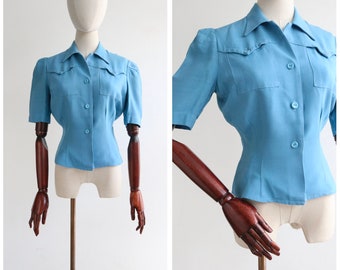 Vintage 1940's blue cotton blouse UK 10 US 6 1940s blouse 1940s fashion forties blouse 1940s blue blouse vintage cotton blouse forties