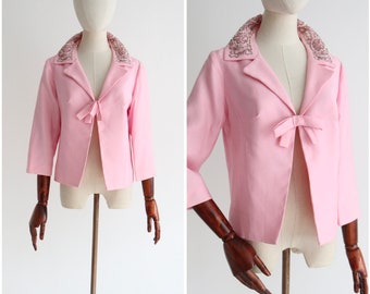 Vintage 1960's jacket pink beaded jacket original 1960's beaded collar jacket sixties fashion 1960's jacket bow detail jacket UK 8-10 US 4-6