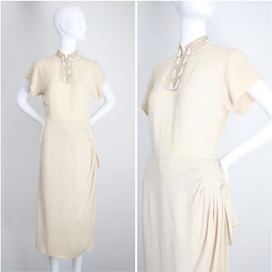 Vintage 1940&#39;s Cream Crepe Silk Dress Original 1940s Mandarin Collar Pleated Sash Dress original 1940s silk day dress UK 8 US 4
