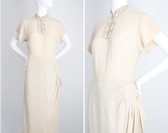 Vintage 1940's Cream Crepe Silk Dress Original 1940s Mandarin Collar Pleated Sash Dress original 1940s silk day dress UK 8 US 4