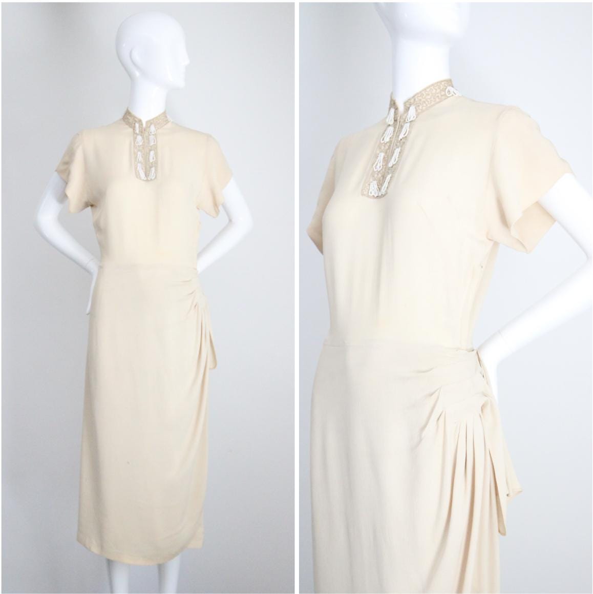 ワンピース 1930s Cream Silk Dress Vintage 1930s Cream Silk Dress Floral Embroidery Details