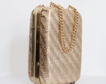 Vintage 1960's golden woven box bag original 1960's gold straw Italian made box bag chain handle miniature cocktail bag gold sixties