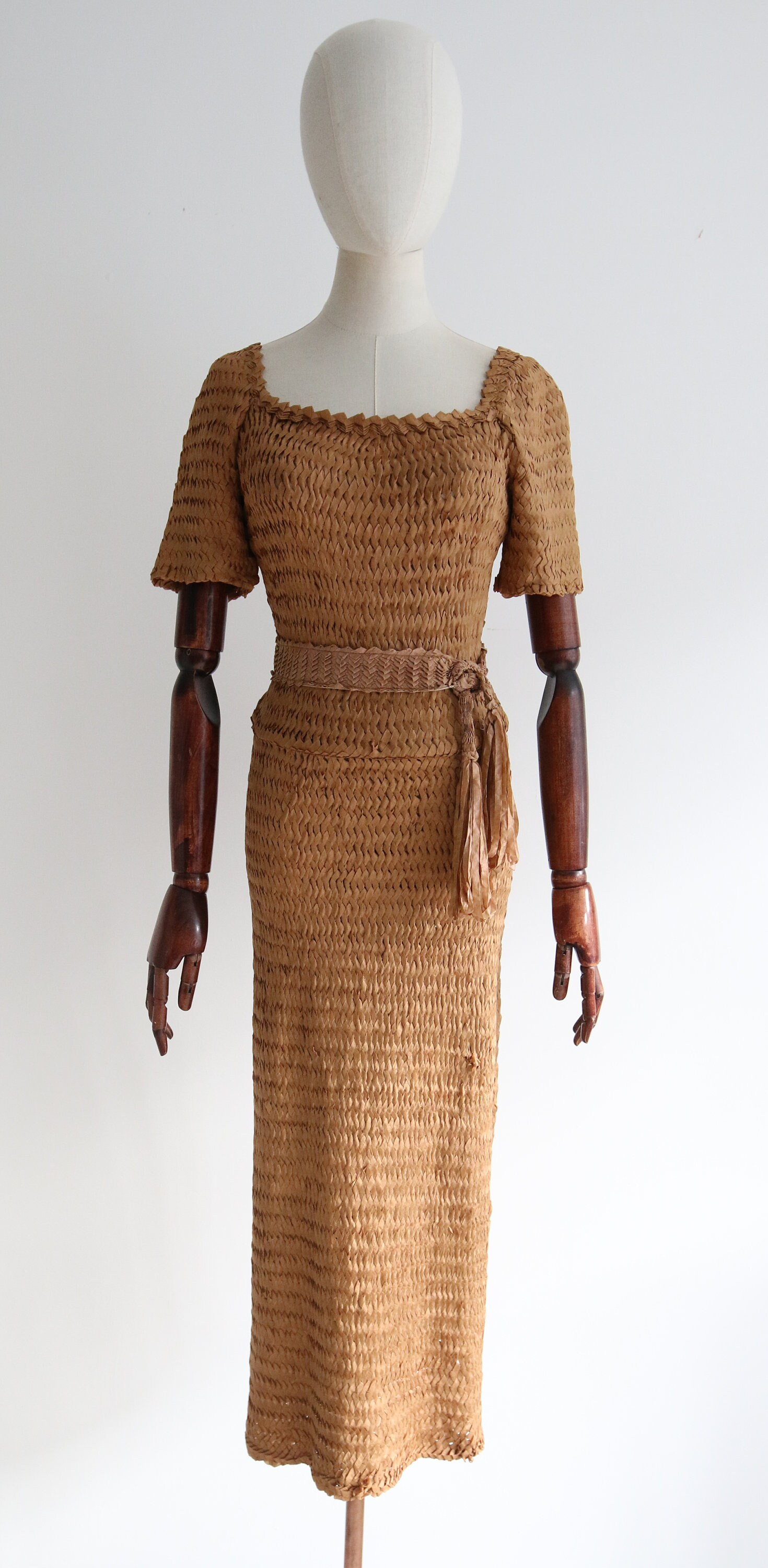 Vintage 1930's Woven Ribbon Work Dress Original 1930's Caramel