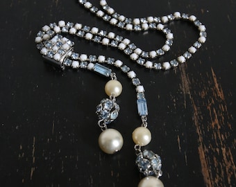 Vintage 1960's necklace original 1960's blue rhinestone milk glass stone adjustable necklace original sixties fashion pearl droplet necklace