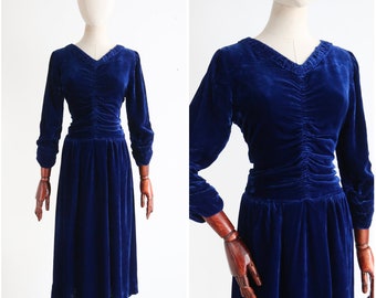 Vintage jaren 1930 azuurblauwe zijden fluwelen jurk UK 10 US 6 originele jaren 1930 jurk vintage fluwelen jurk jaren 1930 fluwelen jurk jaren 1930 blauwe jurk