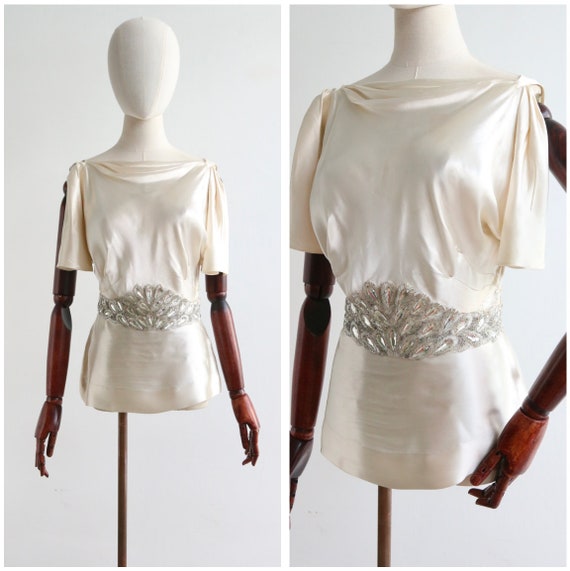 Vintage 1940's ivory satin beaded cowl blouse UK … - image 1