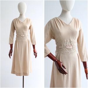 Vintage 1950&#39;s cream jersey embellished dress UK 12 US 8 original 1950s dress 1950s vintage vintage cream dress fifties dress 1950s fashion
