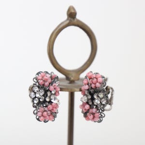 Vintage 1940&#39;s Pink Rhinestone Clip on earrings original 1940&#39;s silver rhinestone pink glass beaded clip on earrings forties fashion