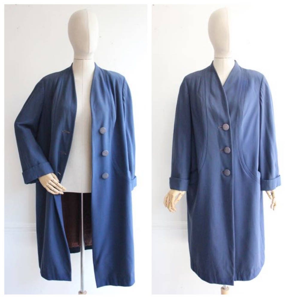 Image of Vintage 's Coat Blue Wool Swing Coat Original Revival Landgirl Swagger Utility Forties Tailored Uk --