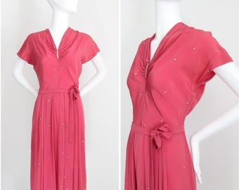 Vintage 1940's Blush Pink silk rhinestone dress original 1940's silver rhinestone embellished cocktail dress 1940 cocktail dress UK 10 US 6