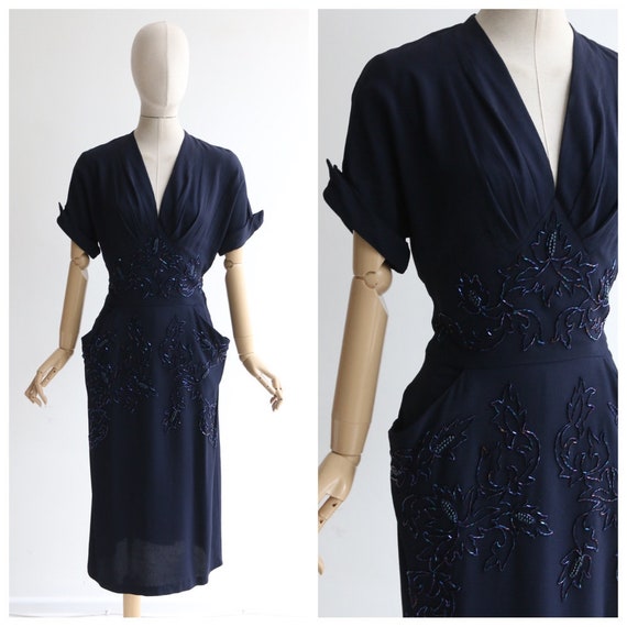 Vintage 1940's dress vintage 1940's navy blue bead