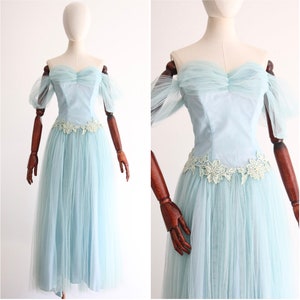 Vintage 1950&#39;s crystal blue tulle & floral appliqués dress UK 8 US 4 original 1950s dress vintage tulle dress vintage prom 1950s prom dress