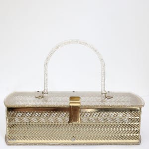 Vintage 1950&#39;s Gold Glitter Lucite Box Bag Vintage 1950&#39;s Gold Lucite and Metal box bag original fifties box bag midcentury lucite handbag