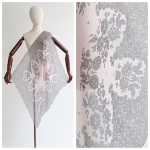 Vintage 1940&#39;s silk scarf vintage 1940&#39;s silk rolled scalloped edged scarf original 1940s black and pale pink lace print silk scarf