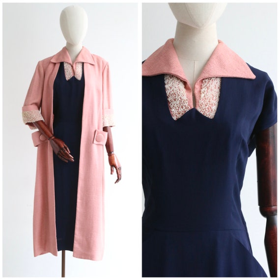Vintage 1950's navy and pink dress & coat set UK 10 U… Gem