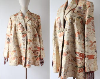 Chaqueta de vuelo con brocado de hilo dorado vintage de los años 40, chaqueta de vuelo ancha con brocado de seda cantón original de los años 40, chaqueta de seda oriental, tallas 14-16 del Reino Unido, 10-12 de EE. UU.
