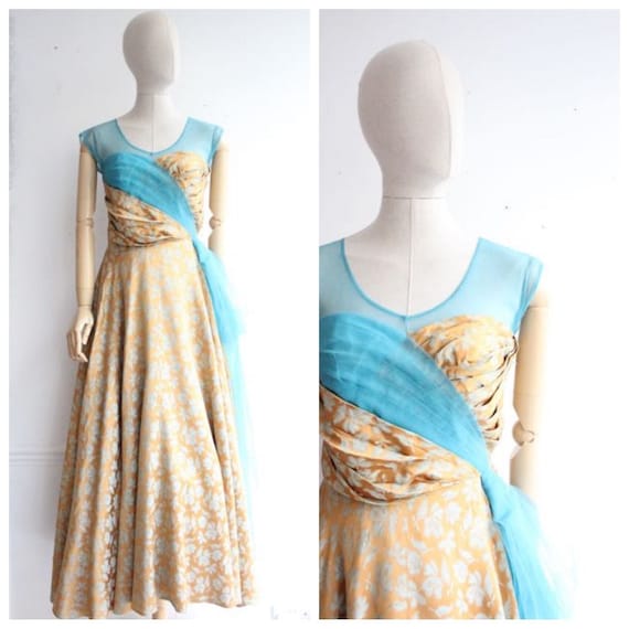 Vintage 1950's Evening Gown Silk Brocade and Tull