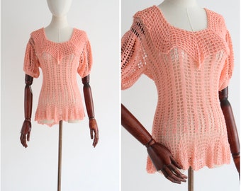 Vintage 1930's pink crochet blouse UK 12 US 8 original 1930s blouse vintage crochet blouse 1930s knitwear 1930s crochet 1930s pink blouse