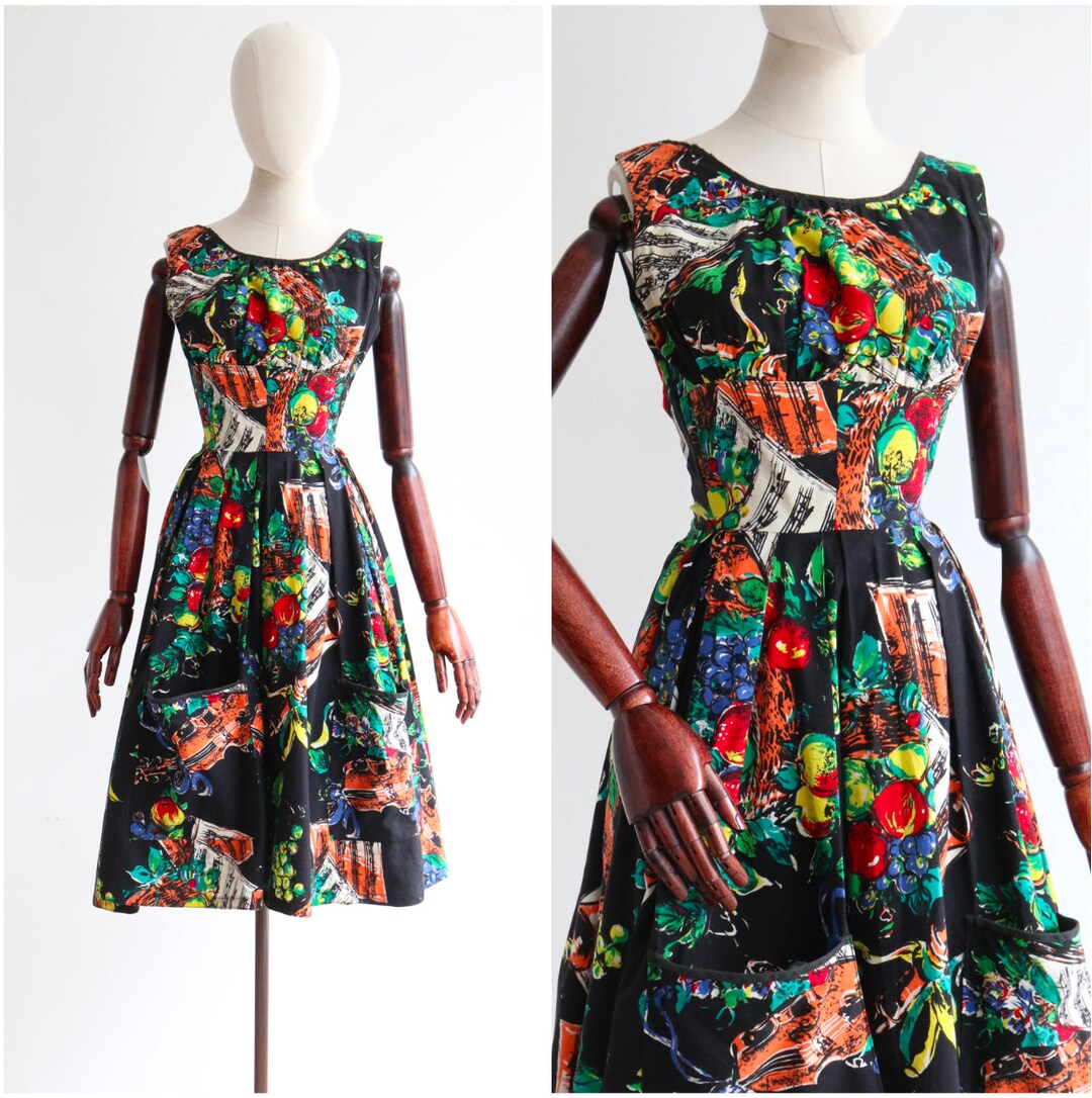 Vintage 1950's Novelty Print Cotton Dress UK 46 US 02 Etsy