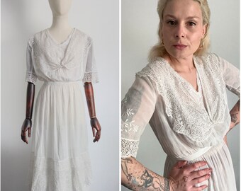 Edwardian Lawn Dress Antique White Edwardian Cotton Lawn Dress Embroidered Lace Dress 1910's cotton and lace floral dress UK 12 US 8